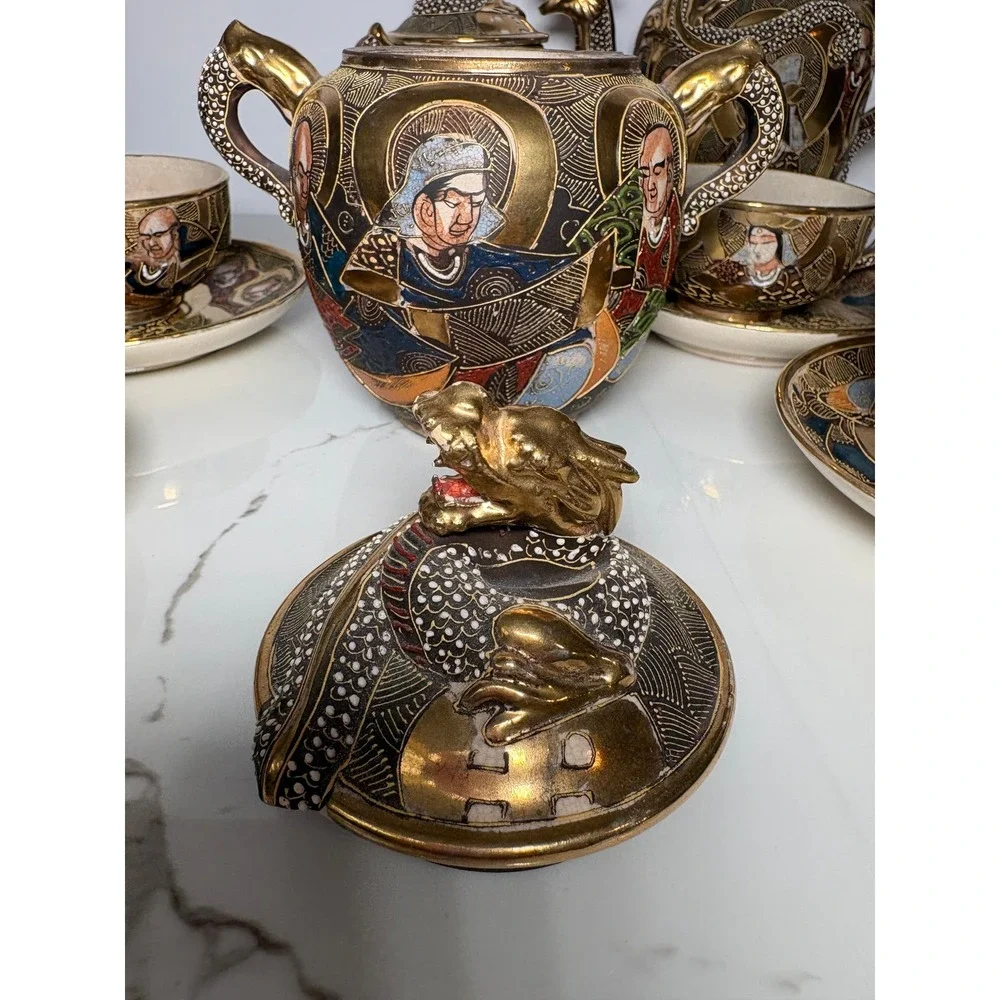 Vintage Japanese Satsuma Moriage‎ Dragon Tea Set Hand Painted Gold Gilt 11pc